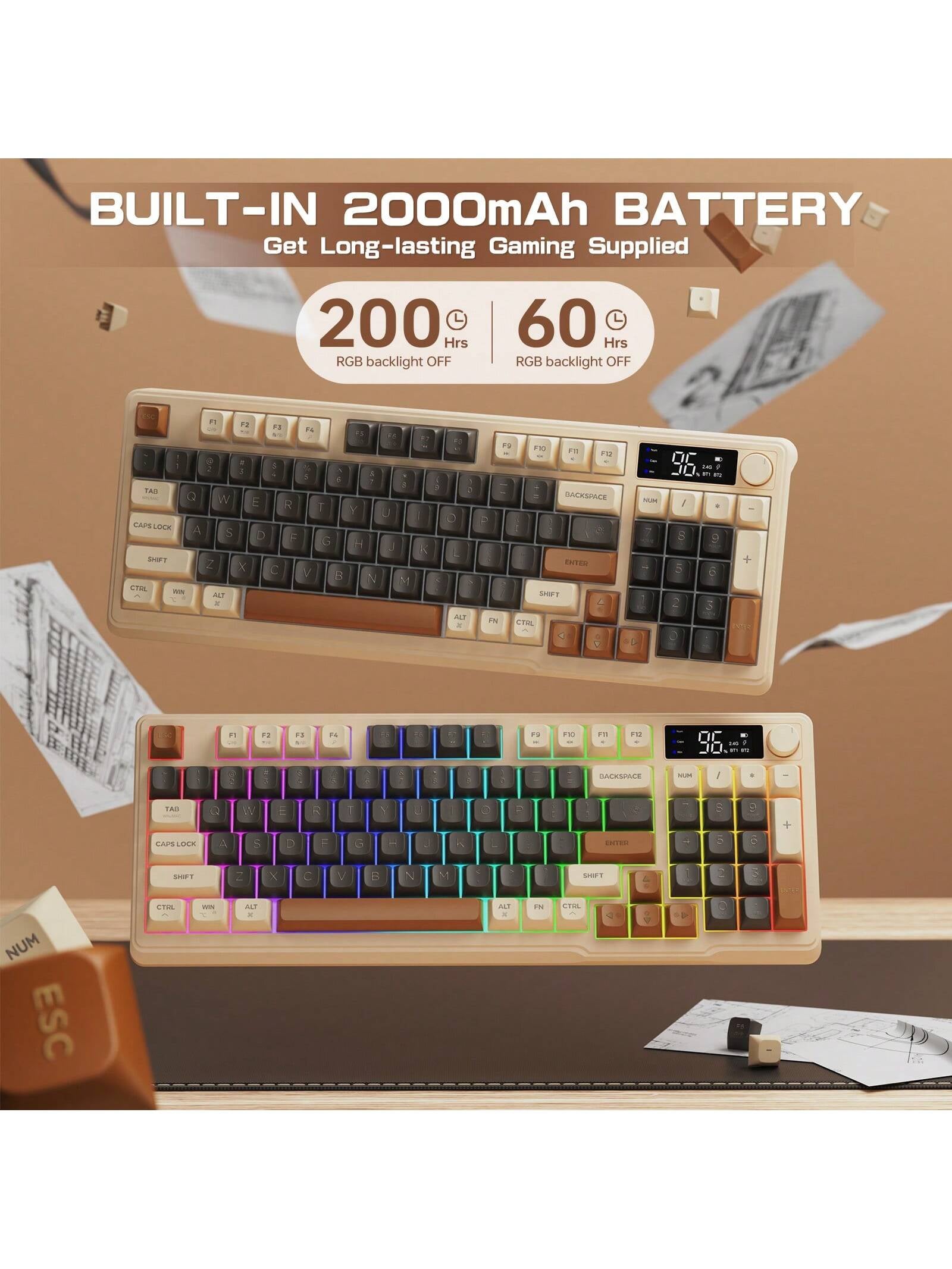 FREEWOLF ZIYOU LANG Wireless Gaming Display and Rotary Knob Keyboard, Silent Membrane Switch, with Multimedia Keys, Bluetooth 5.0/2.4Ghz Rechargeable 94-Key LED Backlit Keyboard