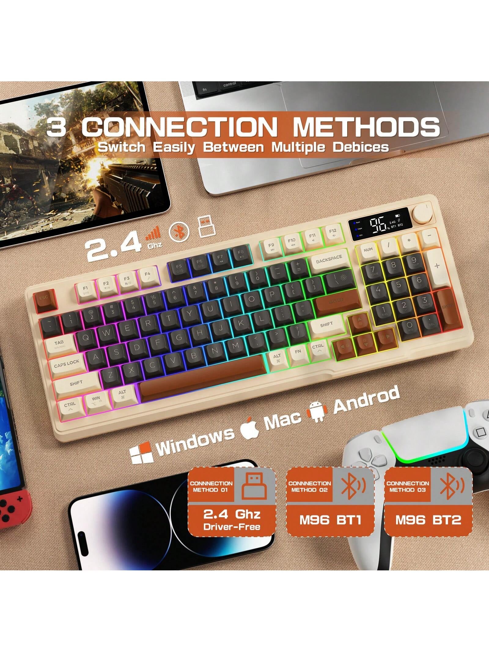 FREEWOLF ZIYOU LANG Wireless Gaming Display and Rotary Knob Keyboard, Silent Membrane Switch, with Multimedia Keys, Bluetooth 5.0/2.4Ghz Rechargeable 94-Key LED Backlit Keyboard