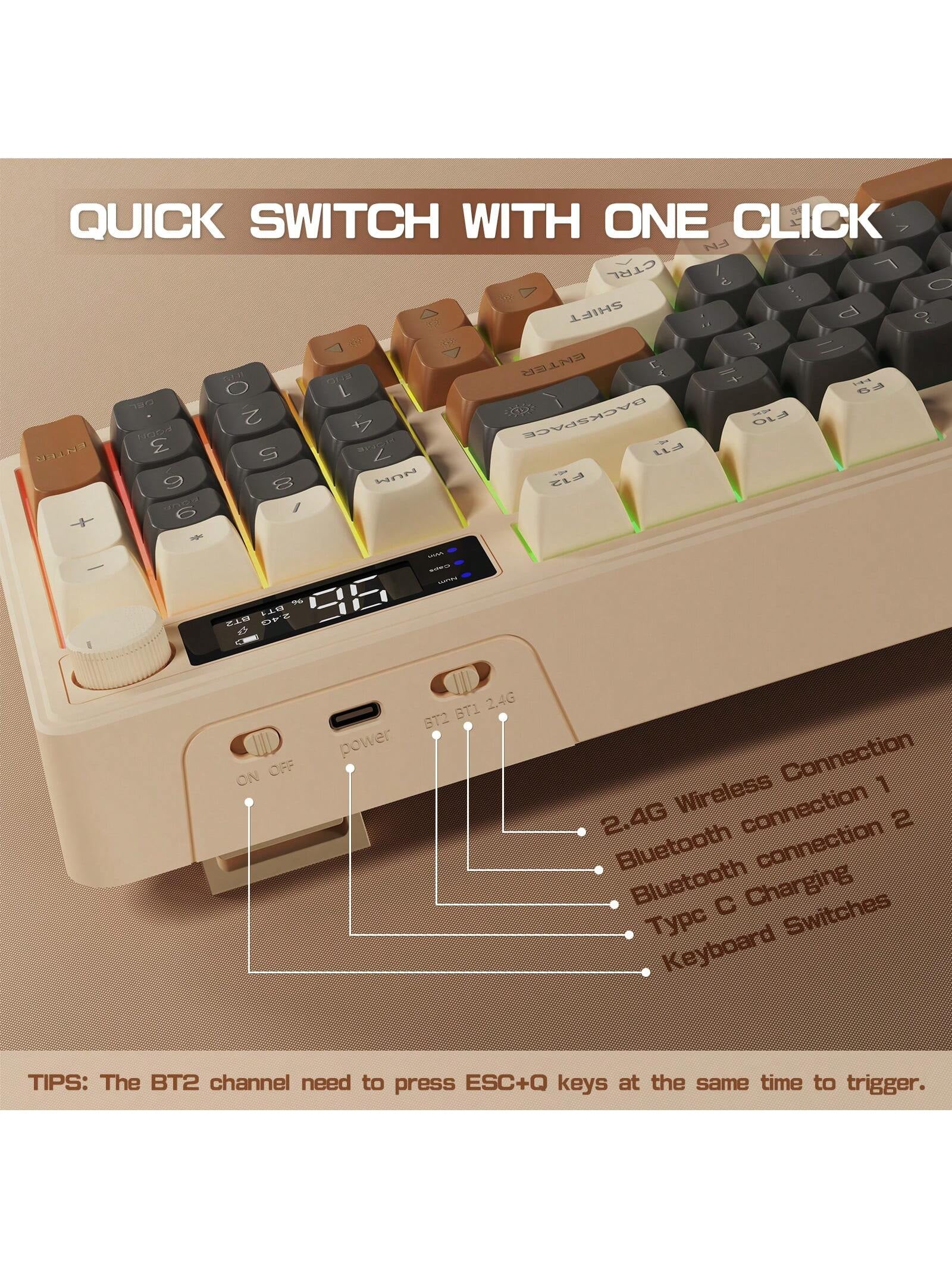 FREEWOLF ZIYOU LANG Wireless Gaming Display and Rotary Knob Keyboard, Silent Membrane Switch, with Multimedia Keys, Bluetooth 5.0/2.4Ghz Rechargeable 94-Key LED Backlit Keyboard